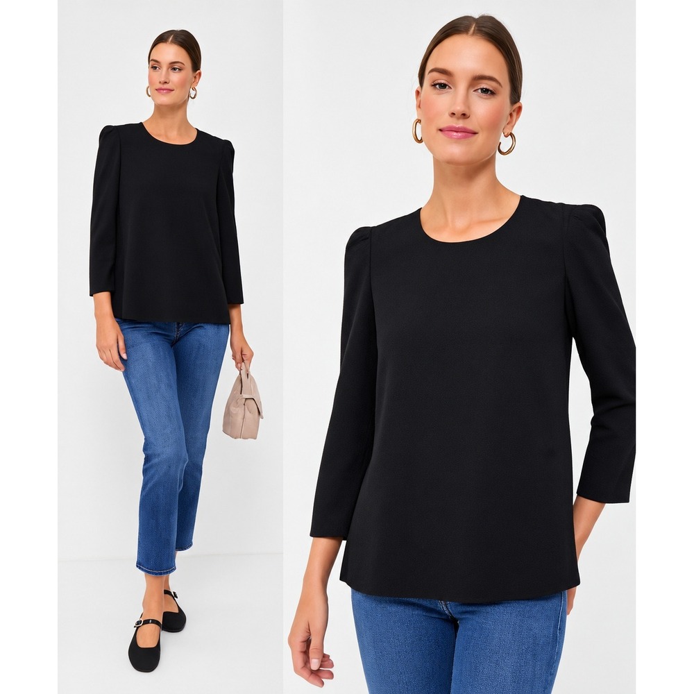 Pomander Place Tuckernuck Black Bedford Blouse Puff Sleeve Crew Neck Top- Large